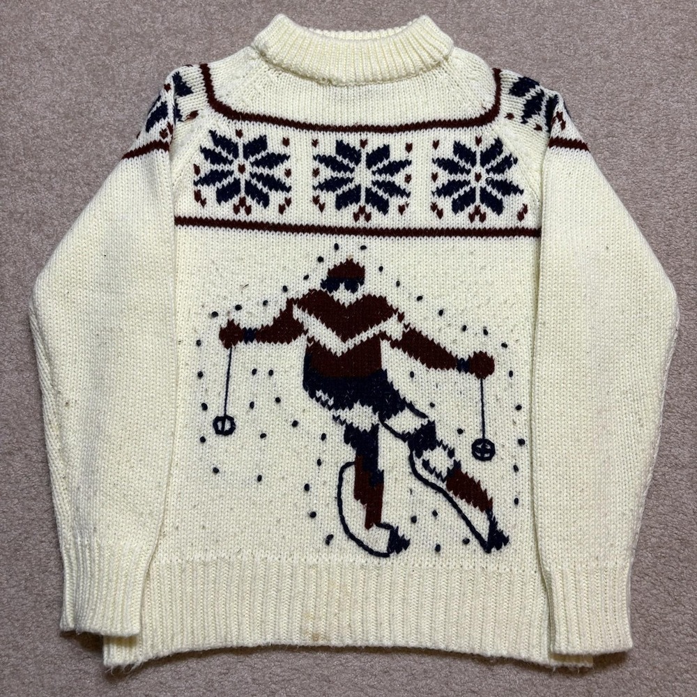Vtg 70s Sigallo Ski Sweater Womens M White Skier Fair Isle Mock Neck Chunky Knit